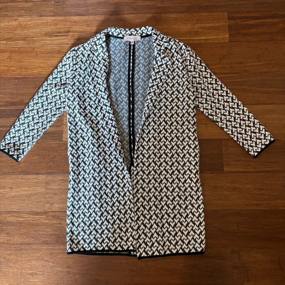Philosophy Republic Clothing Black White Geometric Long Knit Cardigan Blazer PS